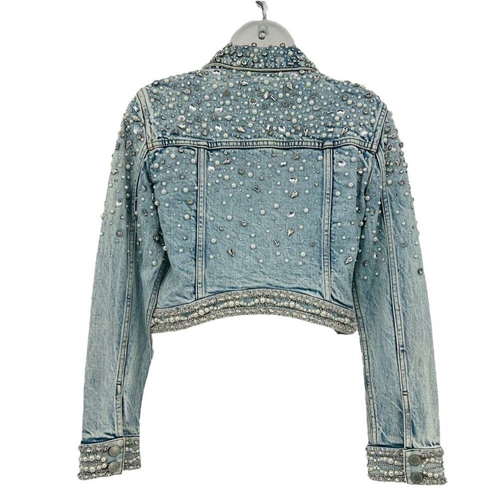 ALICE + OLIVIA Nelson Embellished Beaded Cropped Fitted Denim Jean Jacket Md NEW - Picture 12 of 15